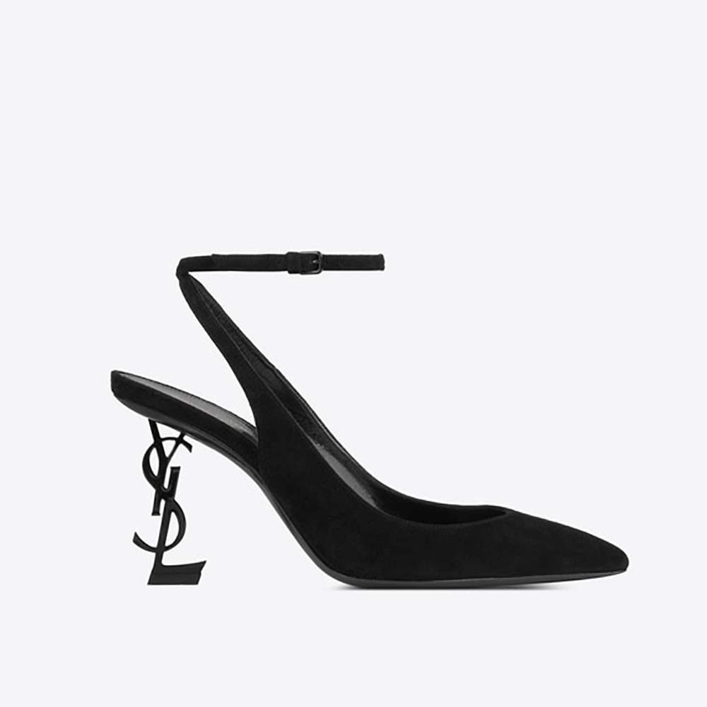 Side view of Saint Laurent YSL Women Opyum Slingback Pump Suede 85mm Heel