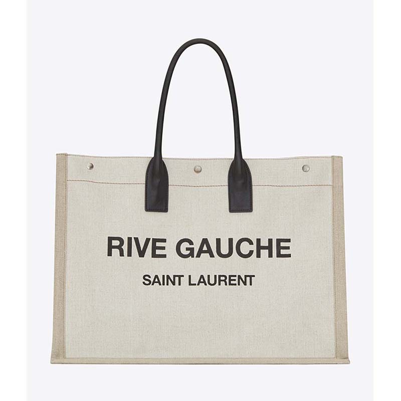 Front view of Saint Laurent YSL Women Rive Gauche Tote Bag Linen Leather in beige