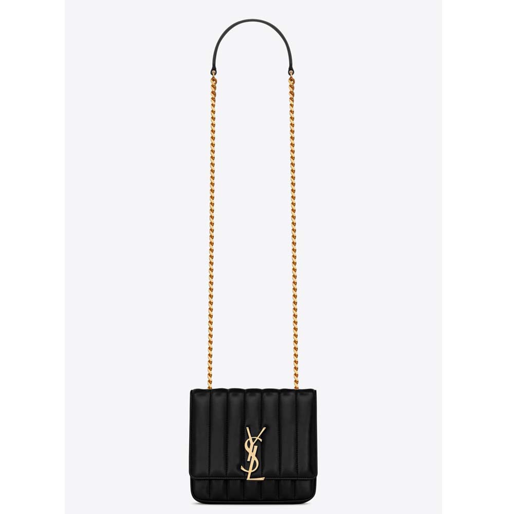 Front view of Saint Laurent YSL Women Shoulder Vicky Small Matelasse Lambskin-Black