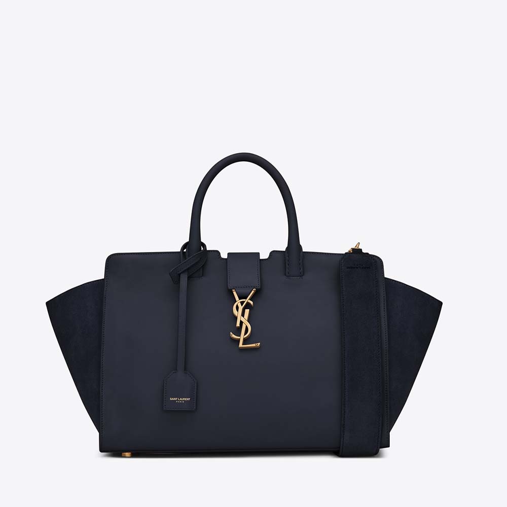 Front view of Saint Laurent YSL Women Small Downtown Cabas Bag Navy Suede