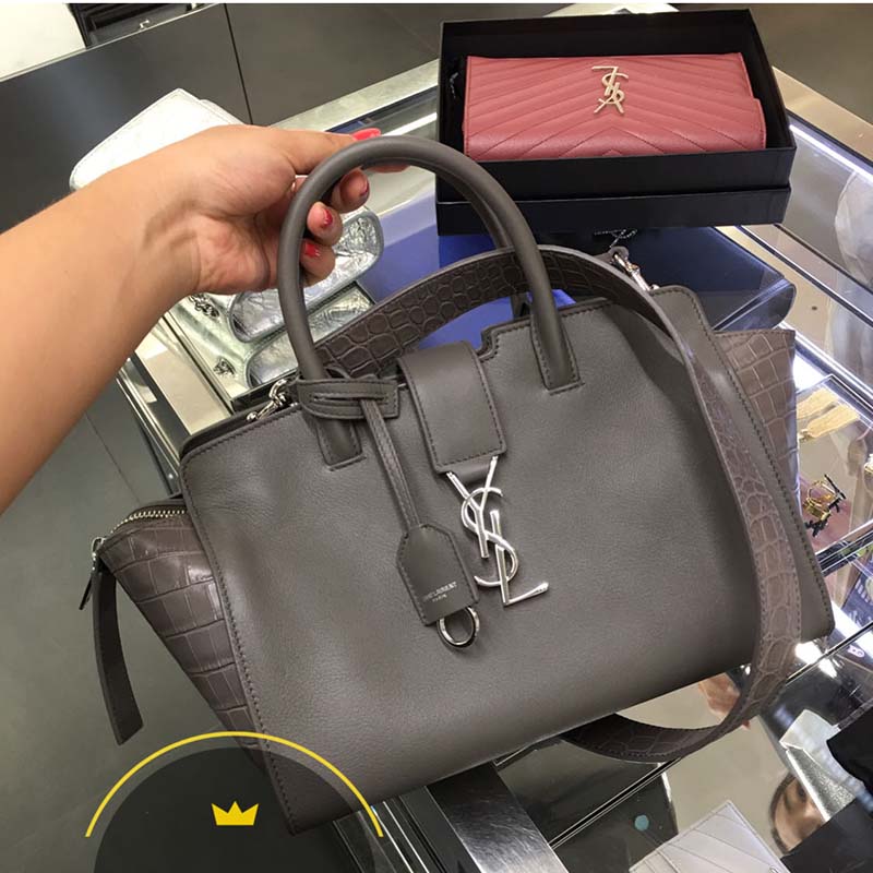 Close-up of YSL silver hardware on Small Downtown Cabas Grey Crocodile Embossed bag