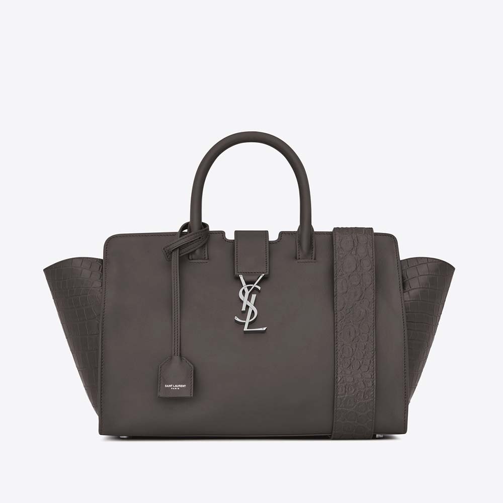 Front view of Saint Laurent YSL Women Small Downtown Cabas Grey Crocodile Embossed bag