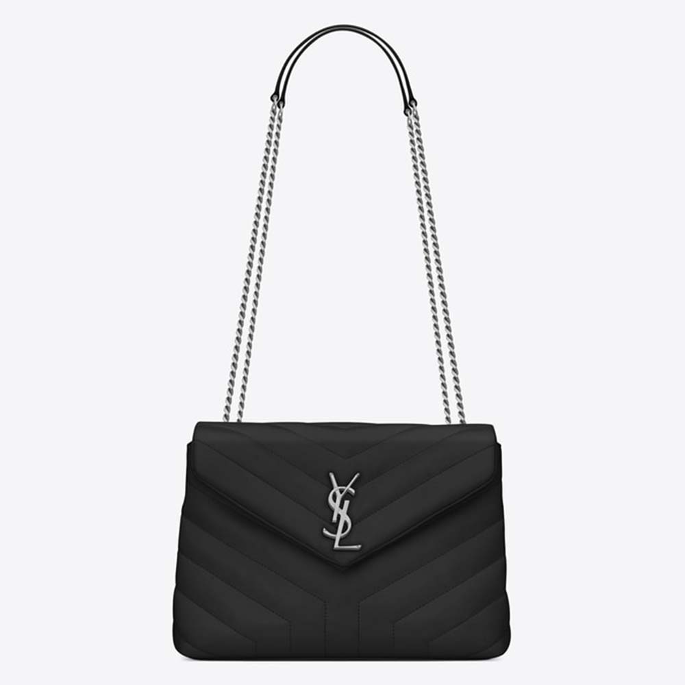 Front view of Saint Laurent YSL Women Small Loulou Bag Y Quilted Leather-Black