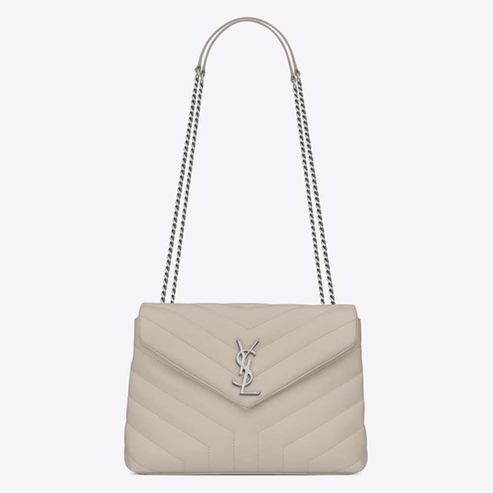 Front view of Saint Laurent YSL Women Small Loulou Bag Y Quilted Leather-White