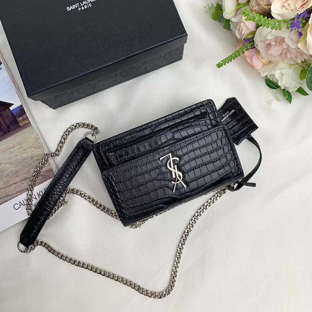 Side angle showing magnetic flap closure on Saint Laurent YSL Women Sunset Medium bag