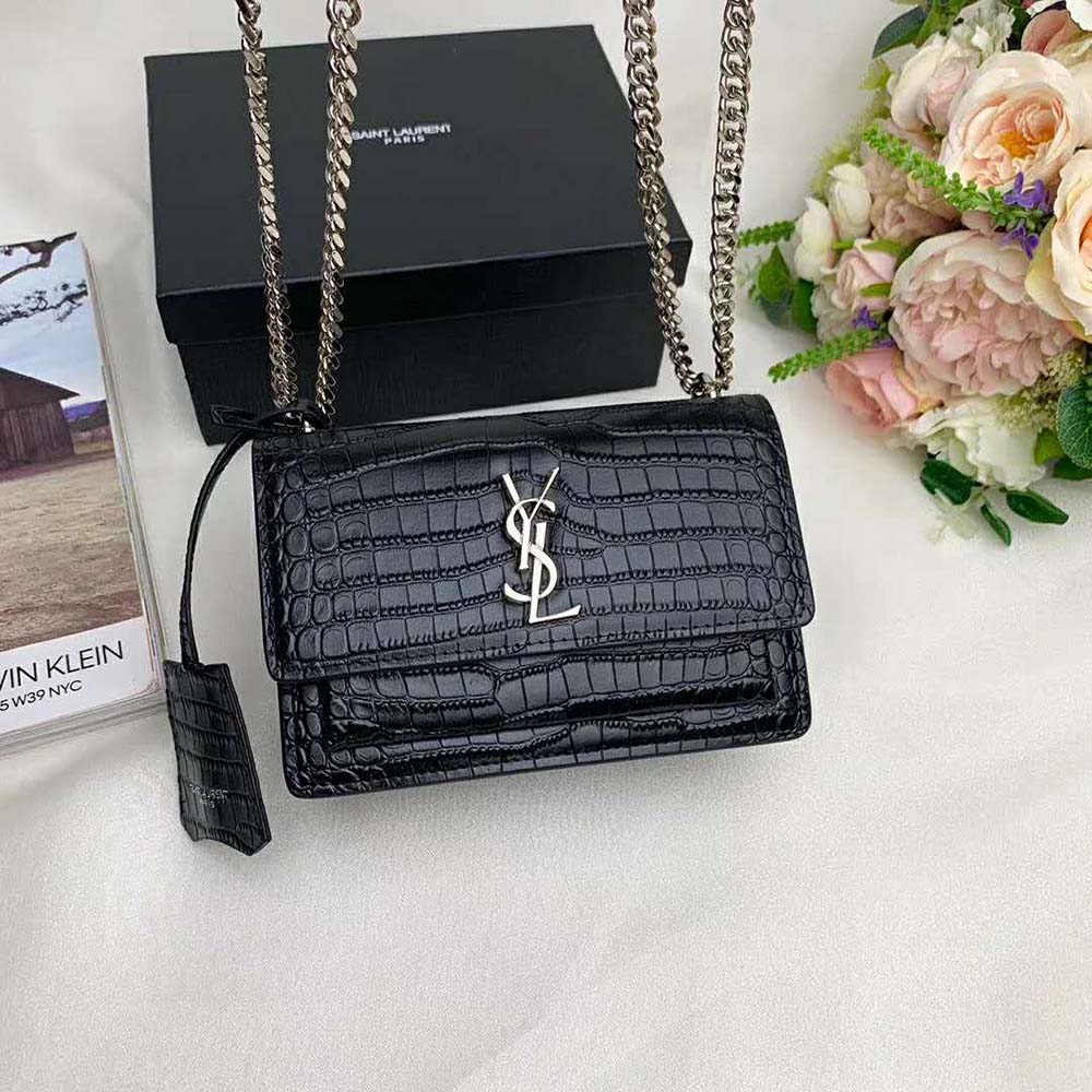 Saint Laurent YSL Women Sunset Medium Crocodile Embossed Shiny-Black - image 4