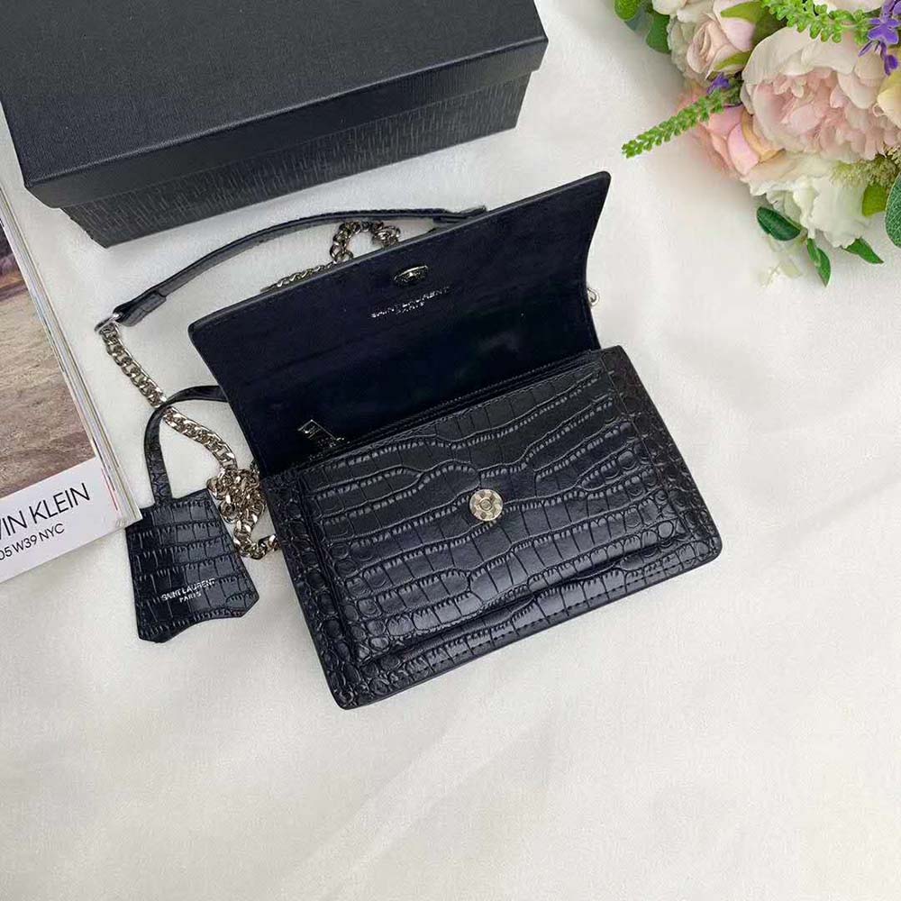 Saint Laurent YSL Women Sunset Medium Crocodile Embossed Shiny-Black - image 6