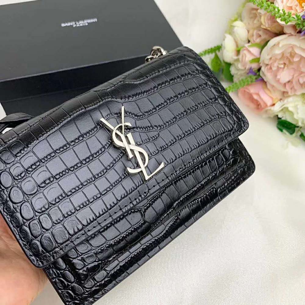 Saint Laurent YSL Women Sunset Medium Crocodile Embossed Shiny-Black - image 8