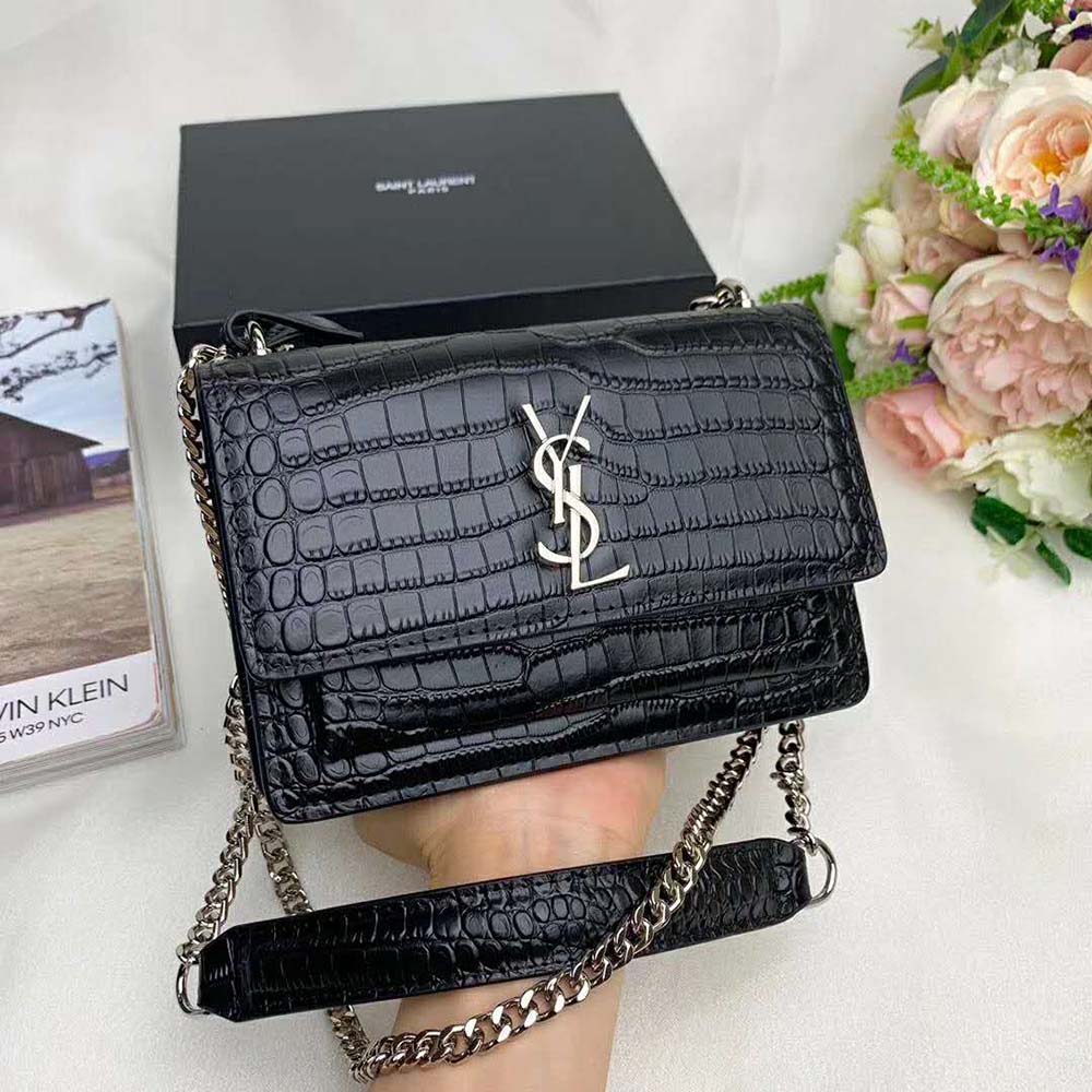 Saint Laurent YSL Women Sunset Medium Crocodile Embossed Shiny-Black - image 9