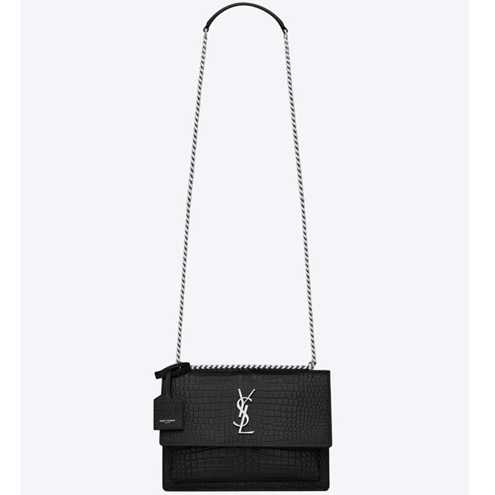Front view of Saint Laurent YSL Women Sunset Medium crocodile embossed shiny-black bag