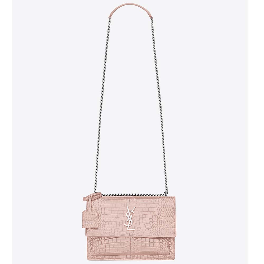 Front view of Saint Laurent YSL Women Sunset Medium Crocodile Embossed Shiny-Pink bag