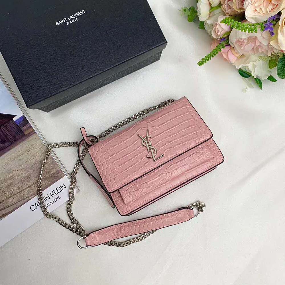 Saint Laurent YSL Women Sunset Medium Crocodile Embossed Shiny-Pink - image 4