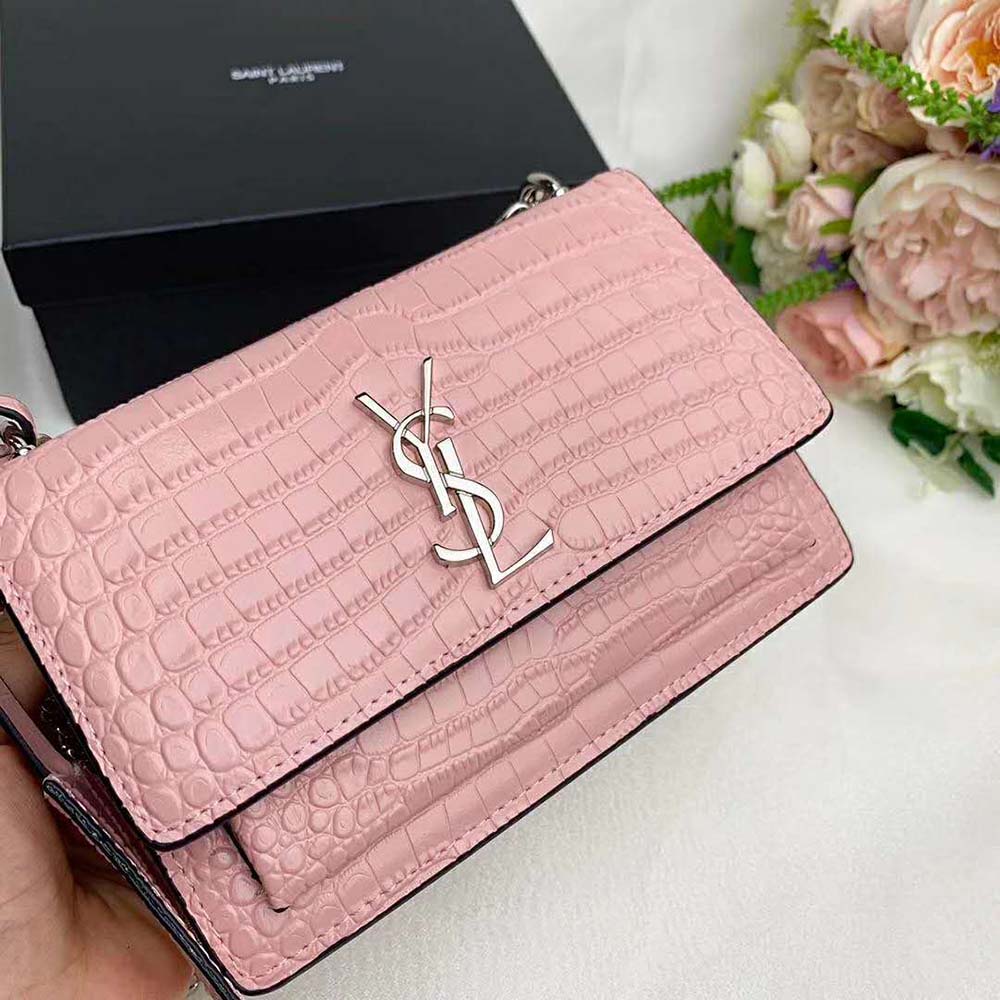 Saint Laurent YSL Women Sunset Medium Crocodile Embossed Shiny-Pink - image 7