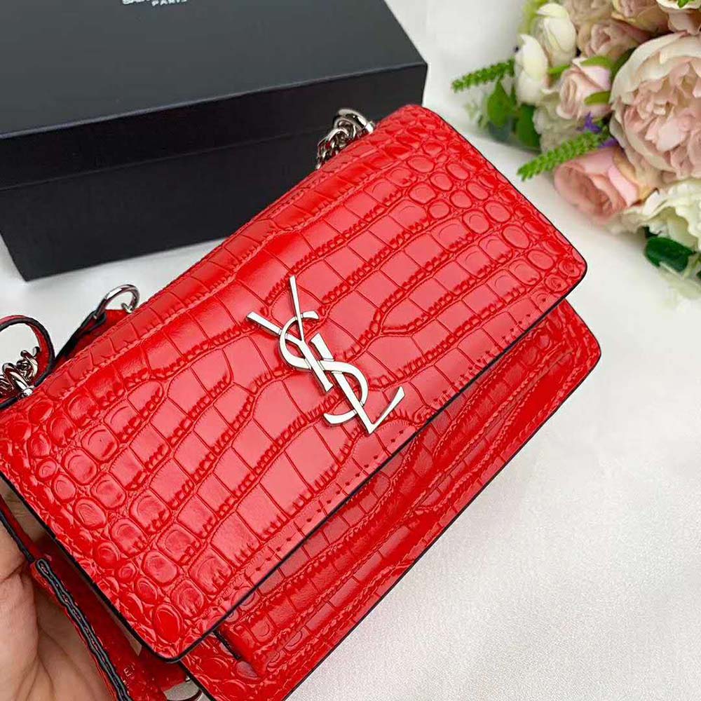 Saint Laurent YSL Women Sunset Medium Crocodile Embossed Shiny-Red - image 8