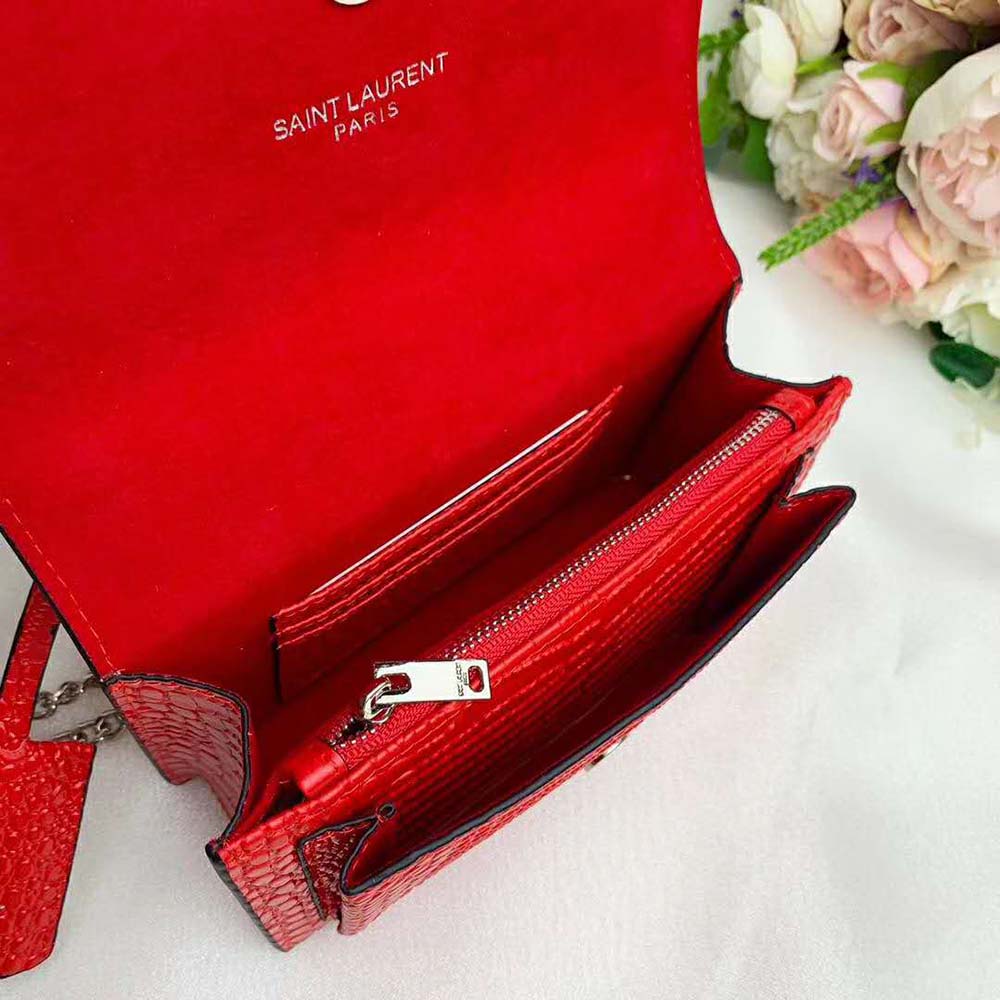Saint Laurent YSL Women Sunset Medium Crocodile Embossed Shiny-Red - image 9