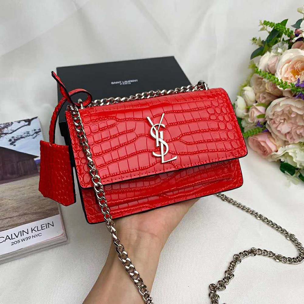 Saint Laurent YSL Women Sunset Medium Crocodile Embossed Shiny-Red - image 7