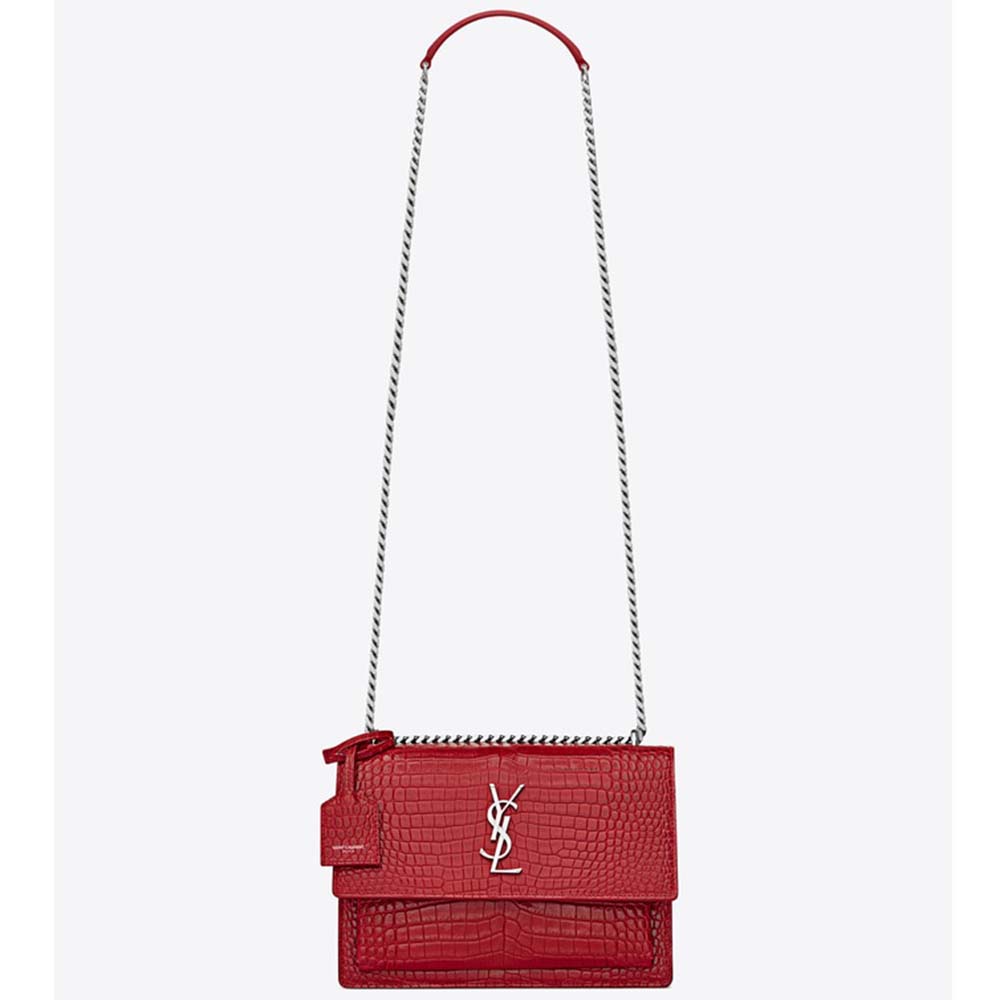Front view of Saint Laurent YSL Women Sunset Medium Crocodile Embossed Shiny-Red