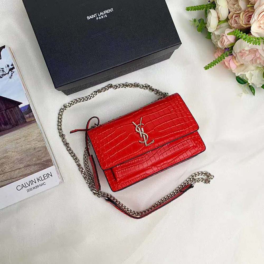 Saint Laurent YSL Women Sunset Medium Crocodile Embossed Shiny-Red - image 4