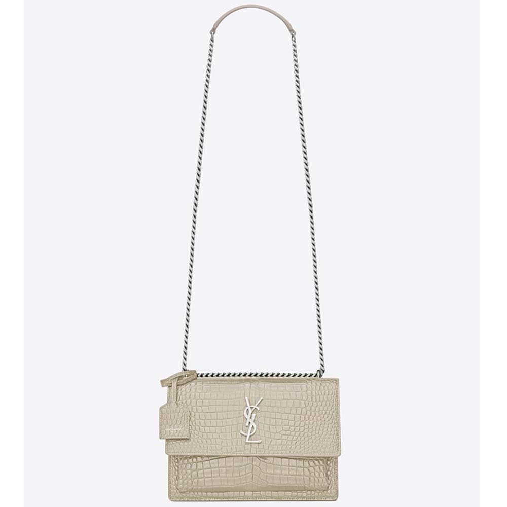 Front view of Saint Laurent YSL Women Sunset Medium Crocodile Embossed Shiny-White