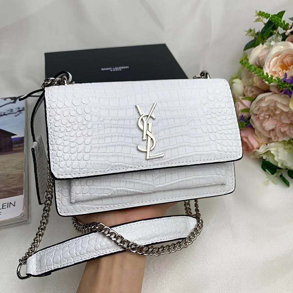 Saint Laurent YSL Women Sunset Medium Crocodile Embossed Shiny-White - image 7