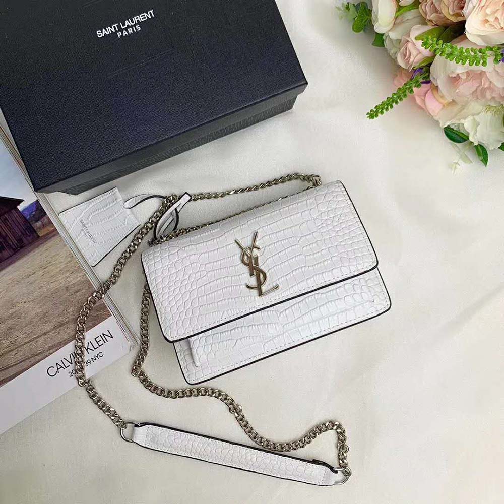 Saint Laurent YSL Women Sunset Medium Crocodile Embossed Shiny-White - image 5