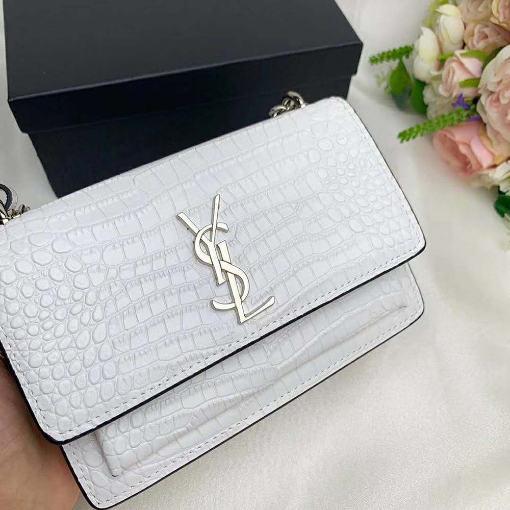 Saint Laurent YSL Women Sunset Medium Crocodile Embossed Shiny-White - image 8
