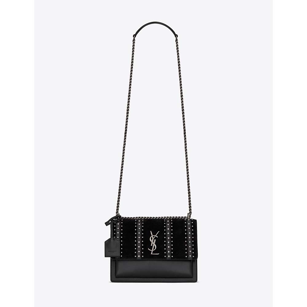 Front view of Saint Laurent YSL Women Sunset Medium Leather Suede Studs-Black bag