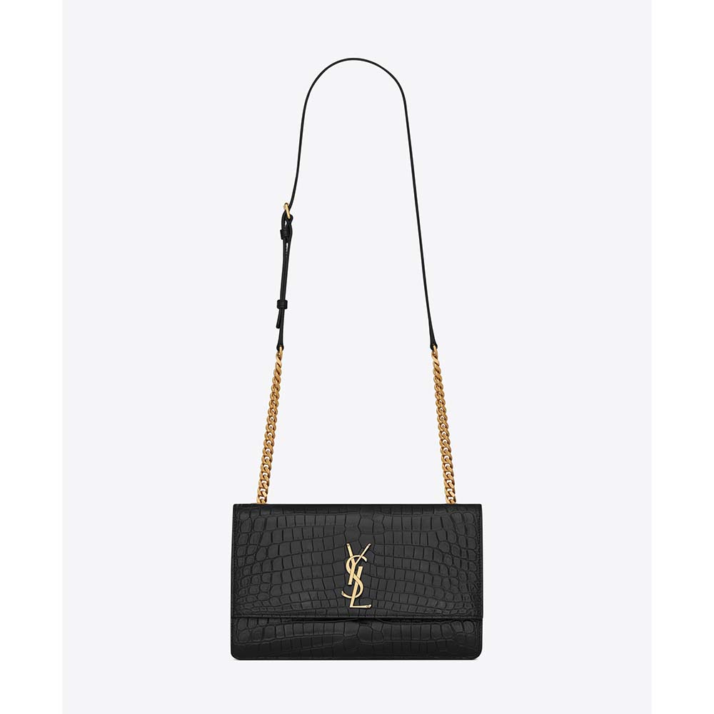Front view of Saint Laurent YSL Women Sunset Medium Supple Crocodile Embossed-Black bag