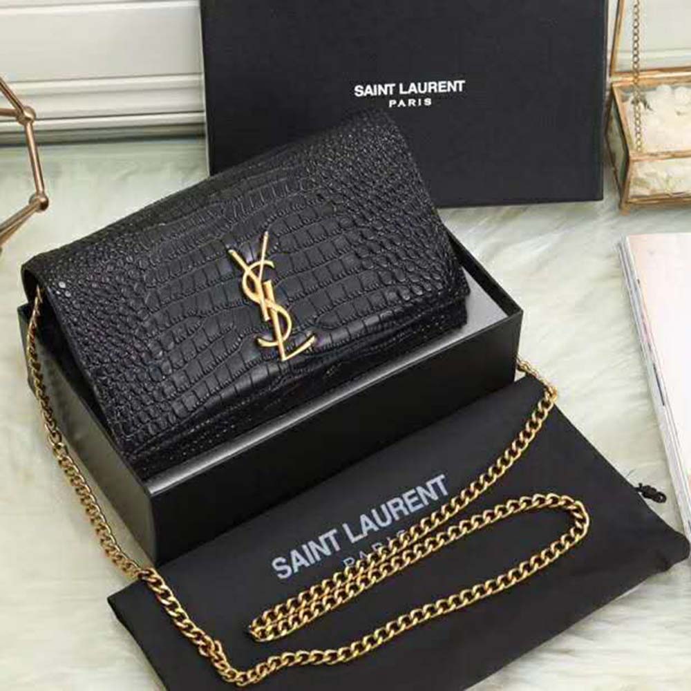 Side angle showing silhouette of Saint Laurent YSL Women Sunset Medium Supple Crocodile Embossed Leather