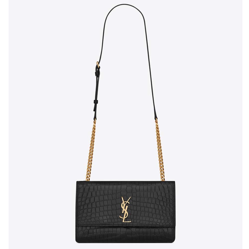 Front view of Saint Laurent YSL Women Sunset Medium Supple Crocodile Embossed Leather bag