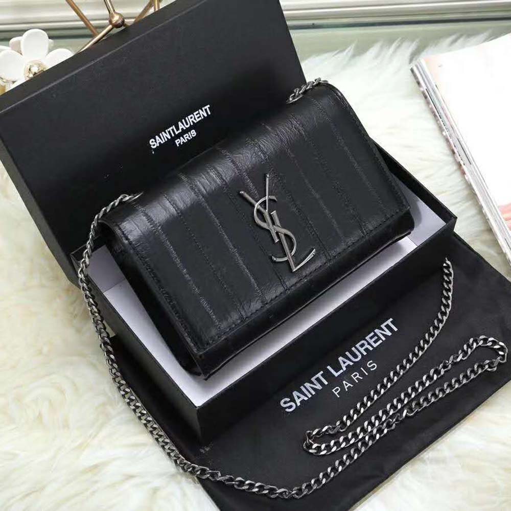 Side angle showing eel leather texture on Saint Laurent YSL Sunset bag