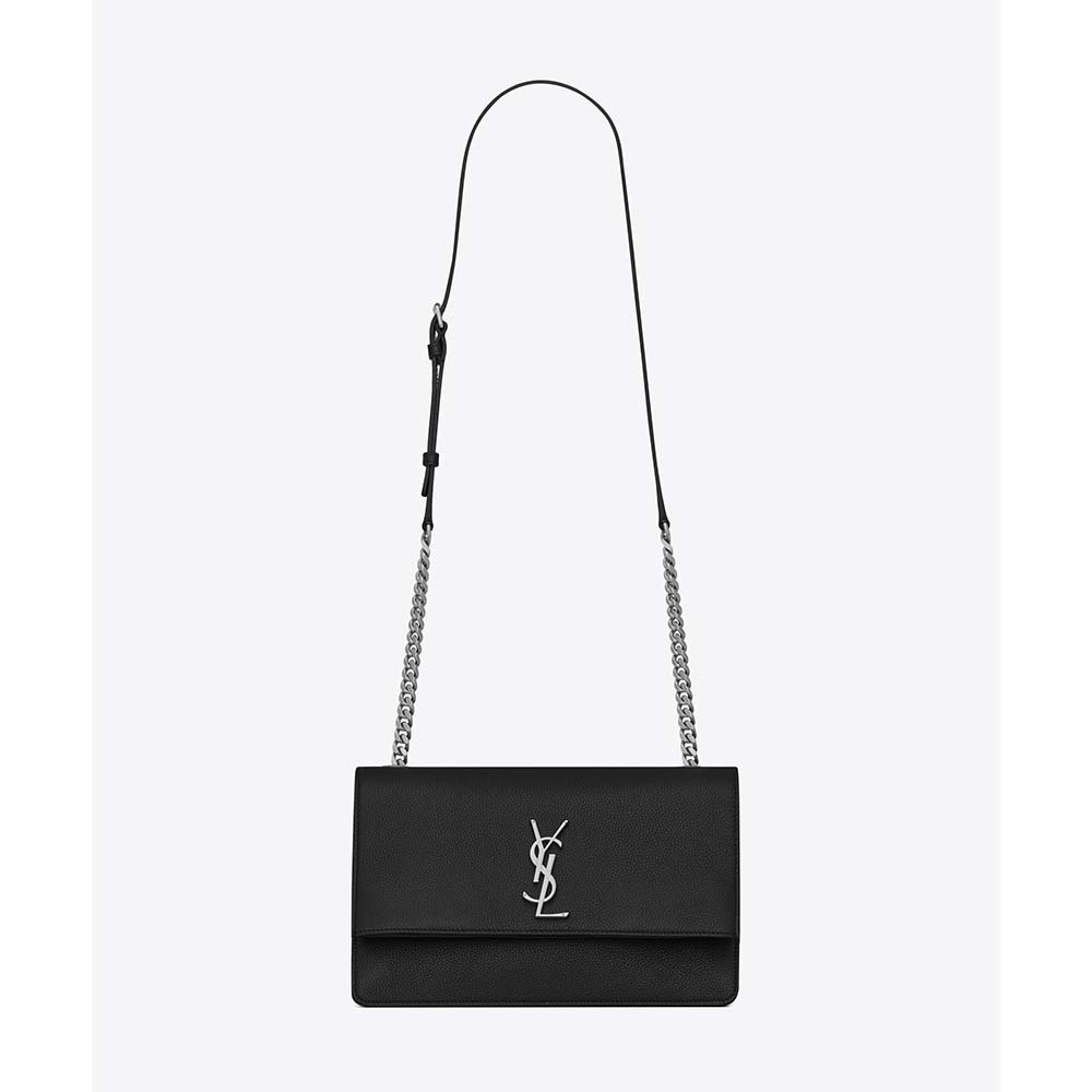 Front view of Saint Laurent YSL Women Sunset Medium in Black grained leather
