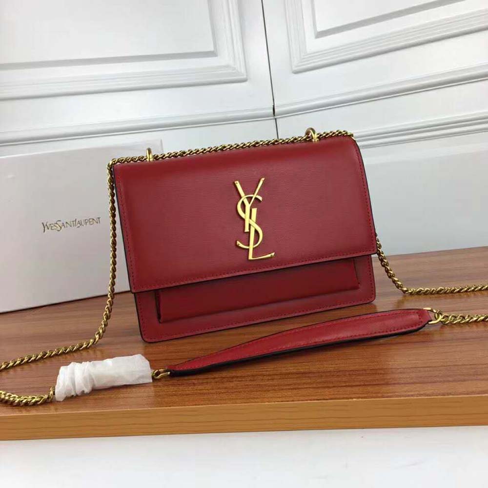 Side angle showing silhouette and smooth leather texture of Saint Laurent YSL Women Sunset Medium
