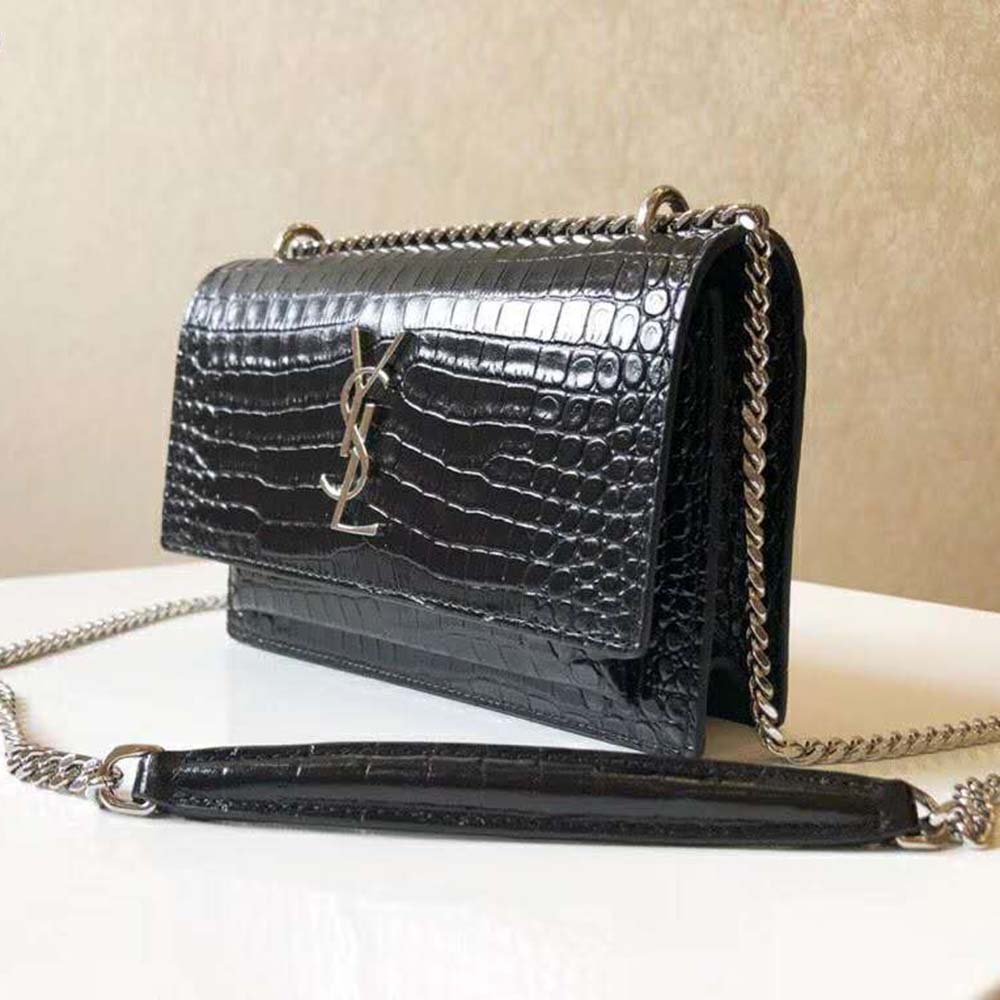 Saint Laurent YSL Women Sunset Small Supple Crocodile Embossed-Black - image 4