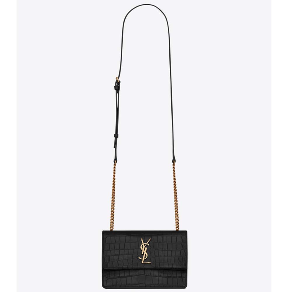 Front view of Saint Laurent YSL Women Sunset Small Supple Crocodile Embossed-Black bag