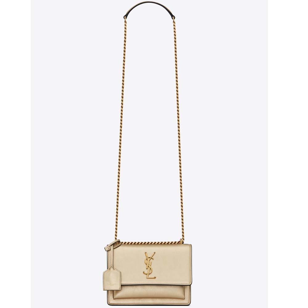 Front view of Saint Laurent YSL Women Sunset Small Metallic Leather-Gold bag