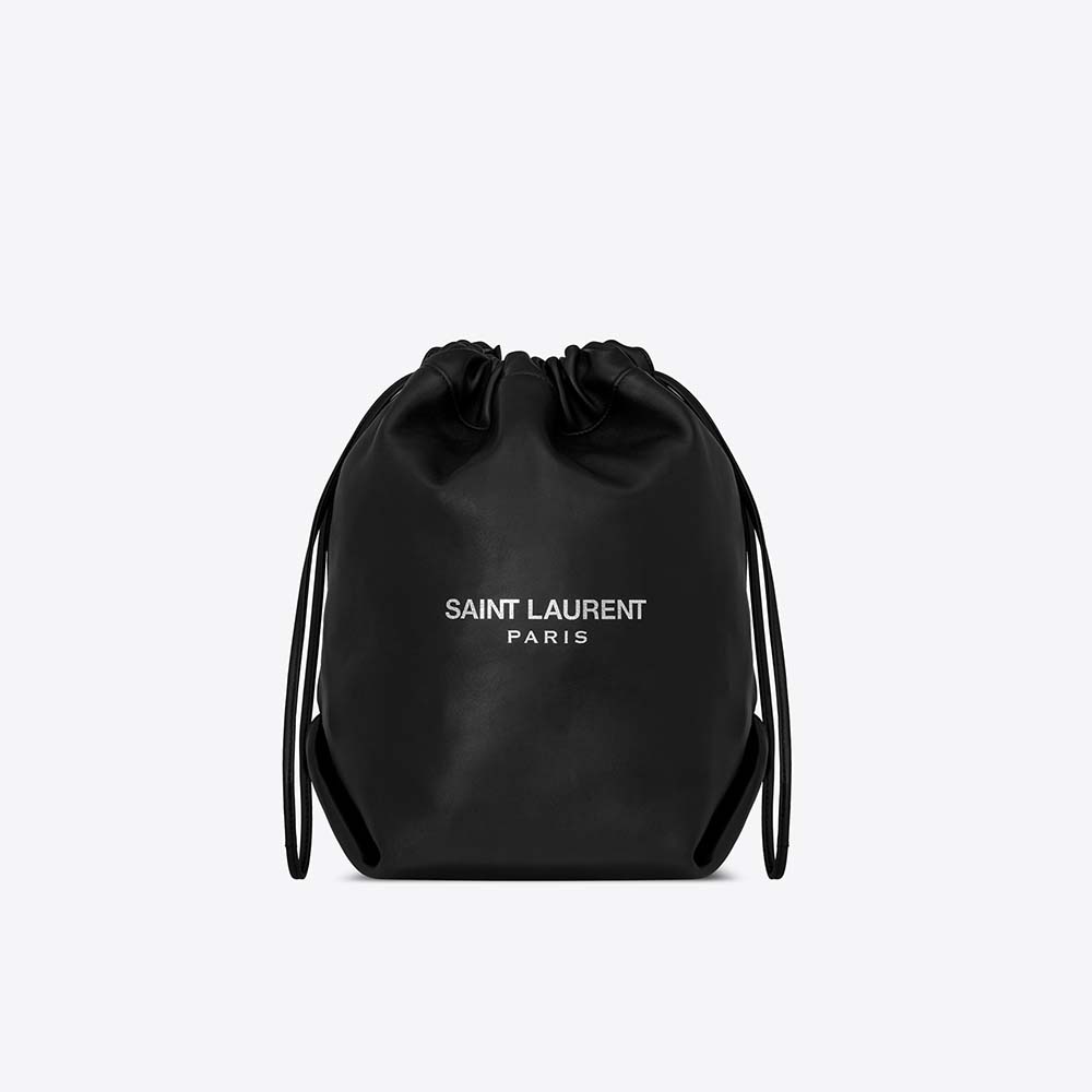 Front view of Saint Laurent YSL Women Teddy Drawstring Bag Smooth Leather-Black