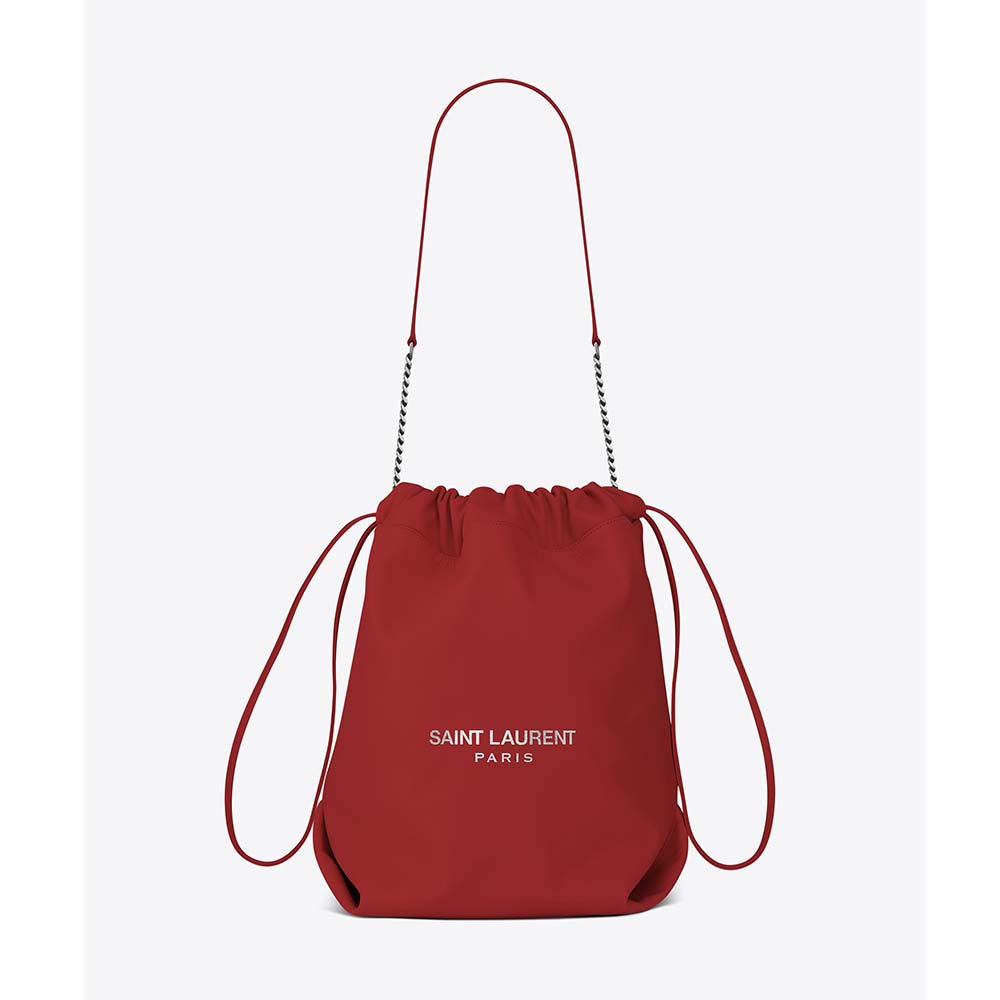 Front view of Saint Laurent YSL Women Teddy Drawstring Bag Smooth Leather-Red