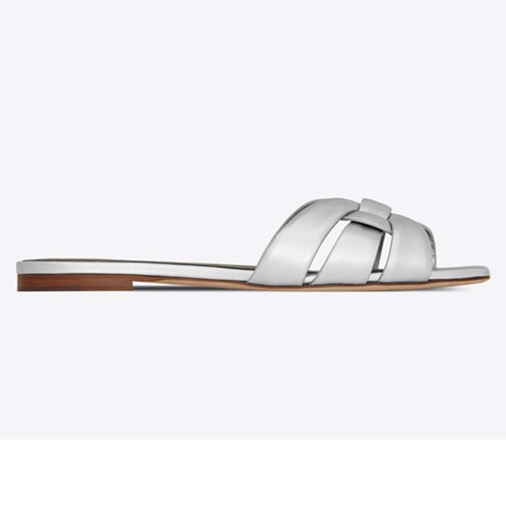 Front angle view of Saint Laurent YSL Women Tribute Flat Sandals Metallic Leather-Silver