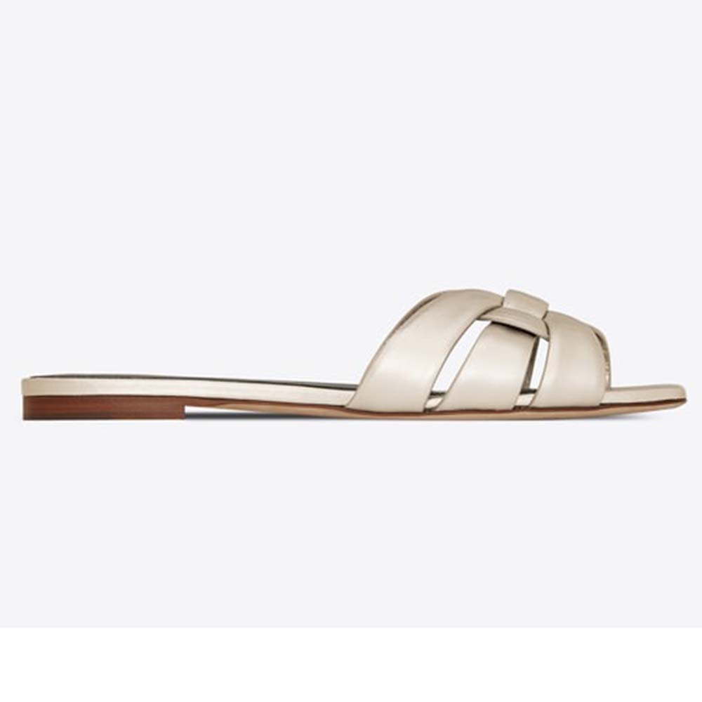 Side angle of Saint Laurent YSL Women Tribute Flat Sandals in Metallic Leather-White