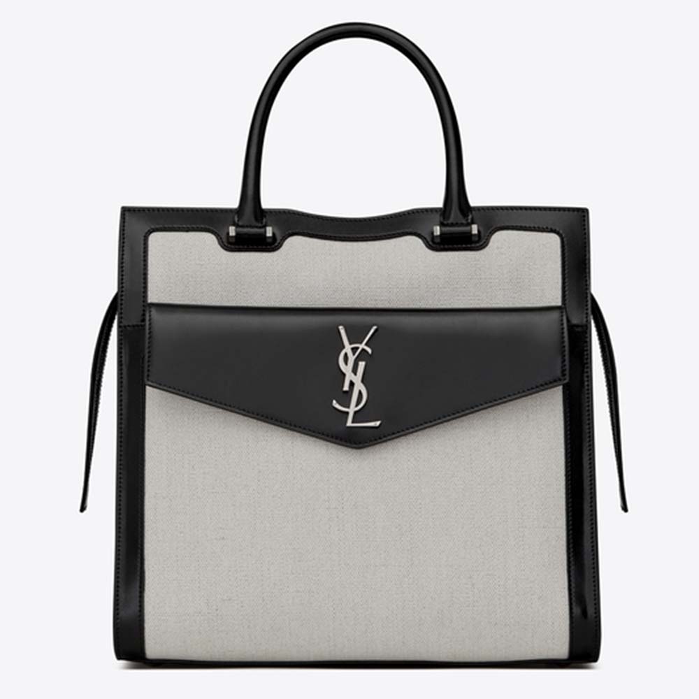 Front view of Saint Laurent YSL Women Uptown Large Tote in Linen Canvas