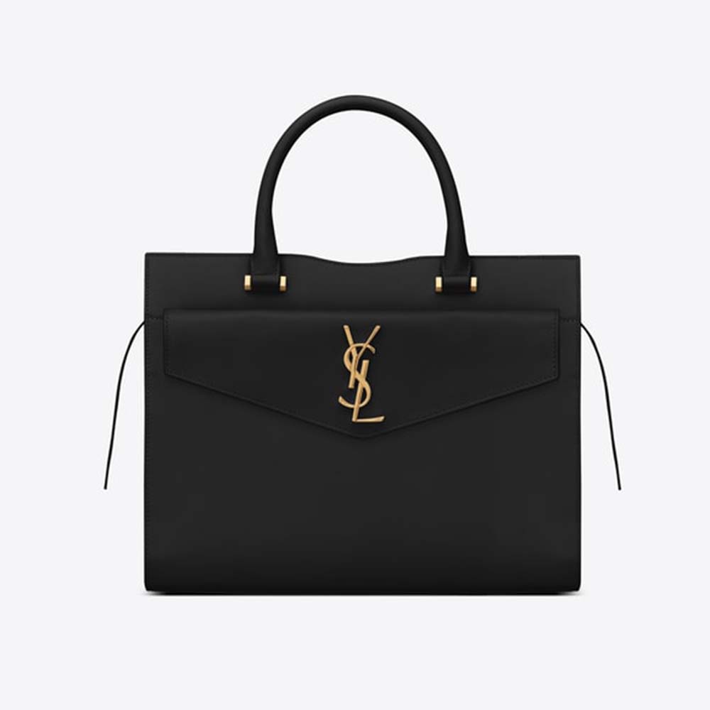 Front view of Saint Laurent YSL Women Uptown Medium Tote Shiny Smooth-Black