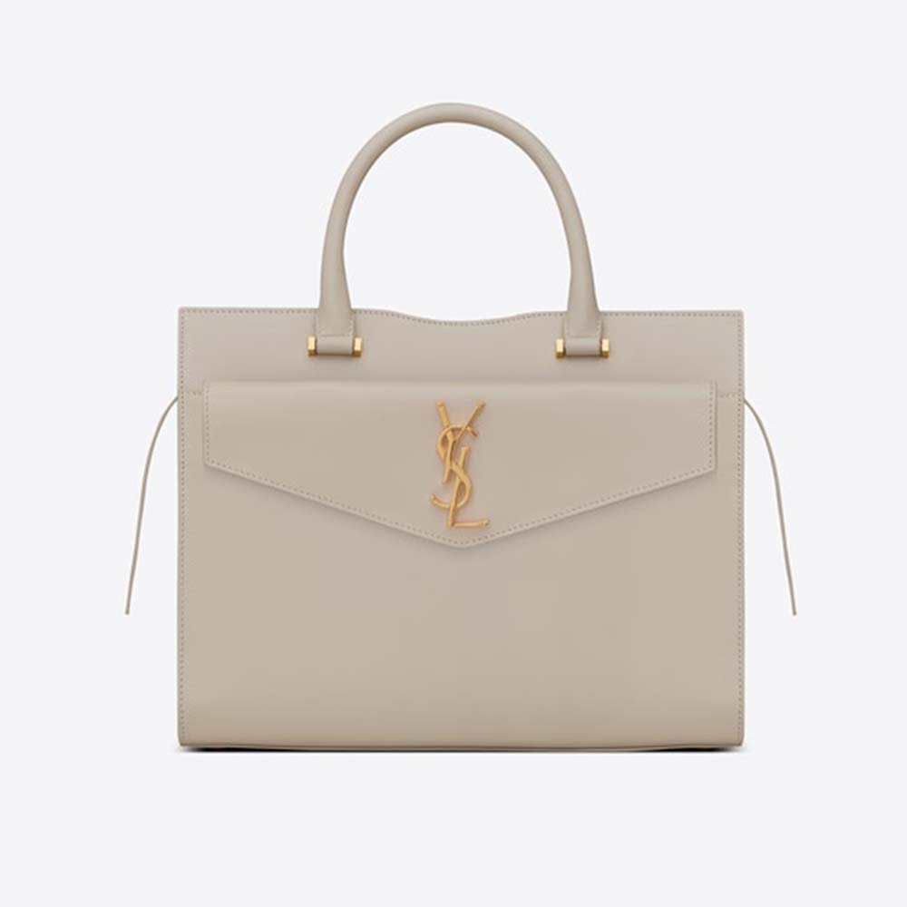 Front view of Saint Laurent YSL Women Uptown Medium Tote Shiny Smooth-White