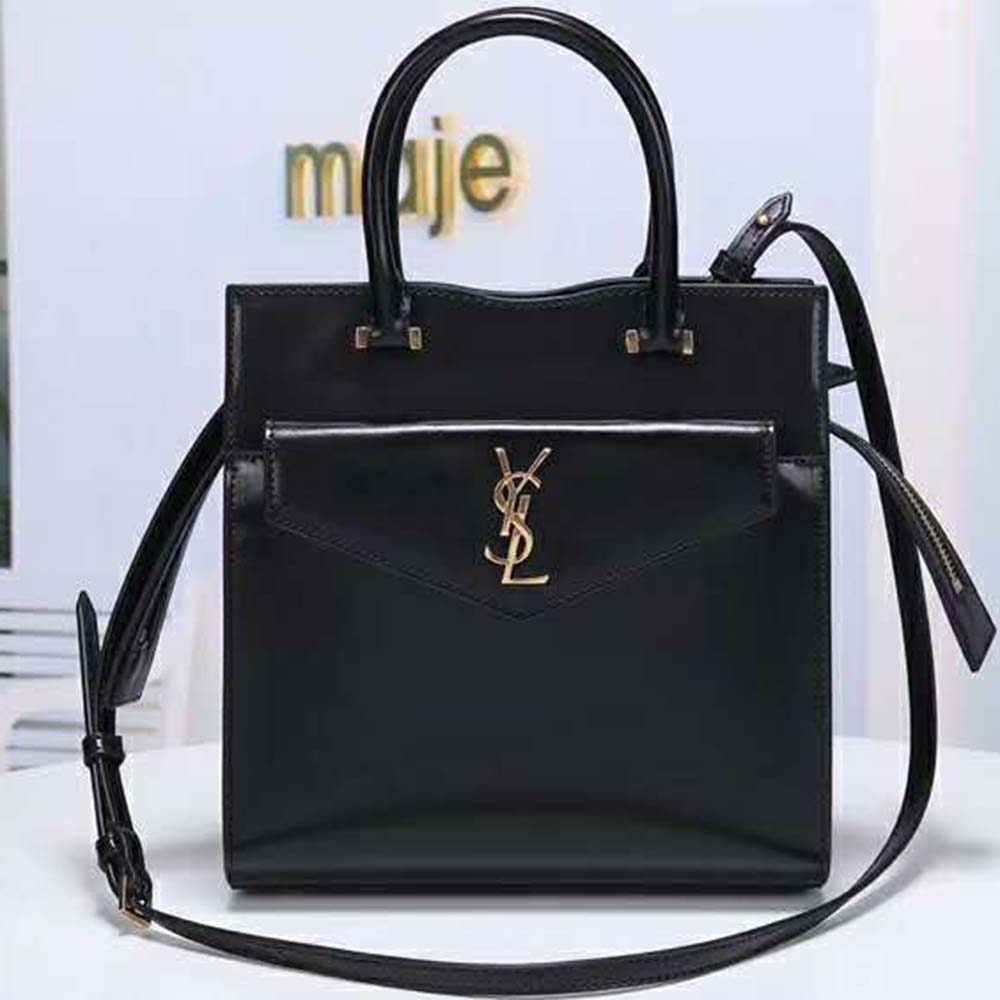 Side angle showing silhouette of Saint Laurent YSL Uptown Small Tote black leather