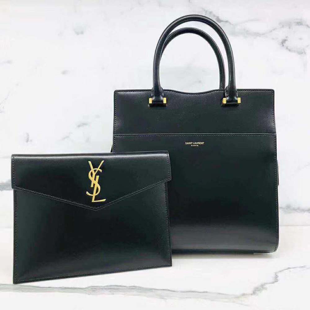 Front view of Saint Laurent YSL Women Uptown Small Tote Shiny Smooth Leather-Black