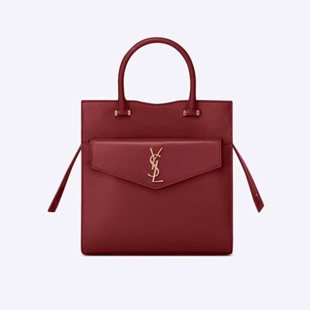 Front view of Saint Laurent YSL Women Uptown Small Tote Shiny Smooth-Red
