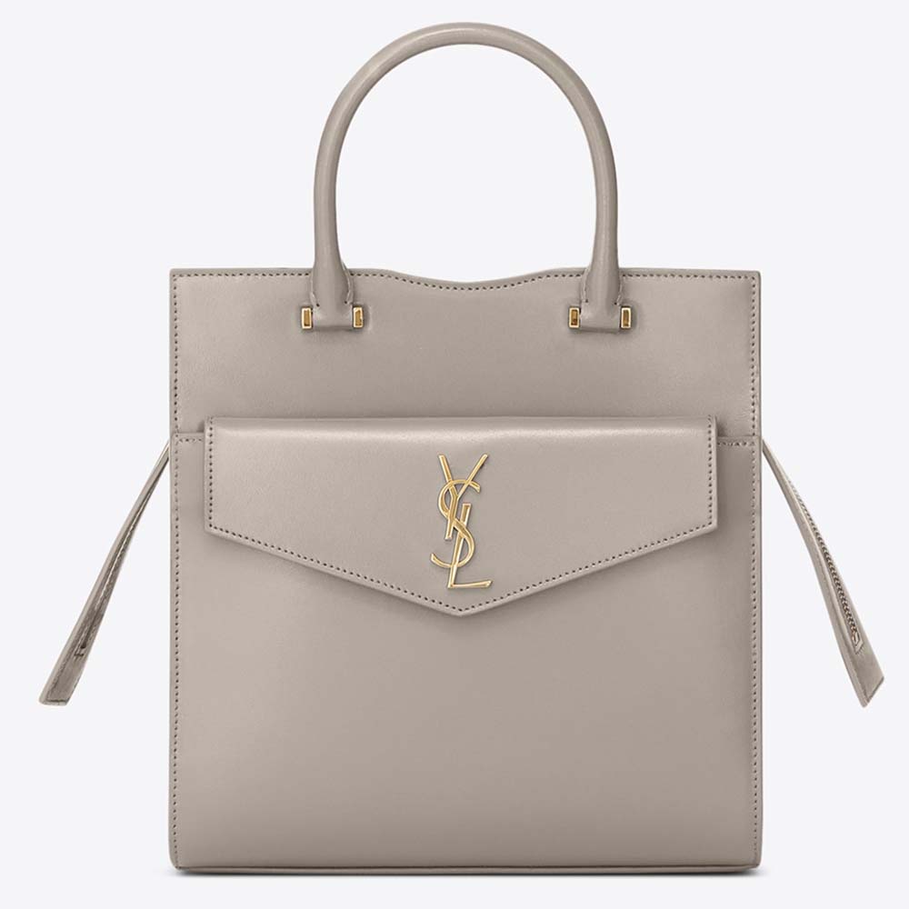 Front view of Saint Laurent YSL Women Uptown Small Tote Shiny Smooth-White