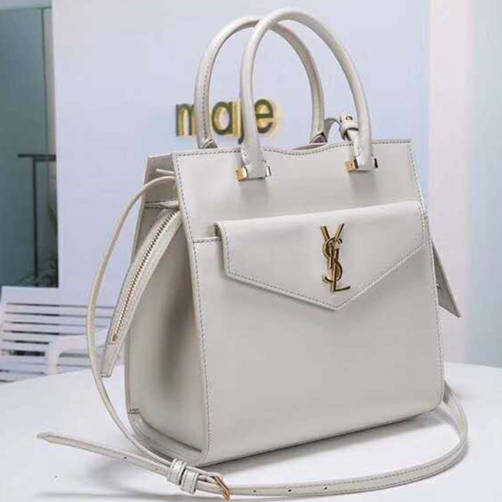 Side profile showing structured silhouette of Saint Laurent YSL Uptown Tote