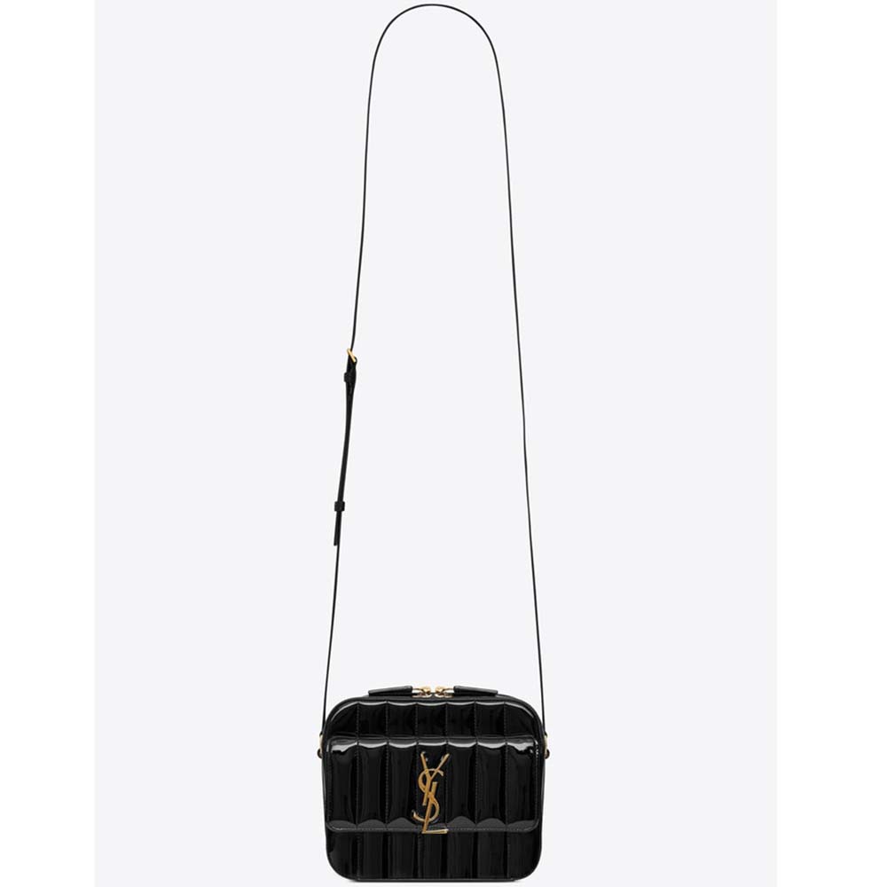 Front view of Saint Laurent YSL Women Vicky Camera Bag Quilted Patent-Black