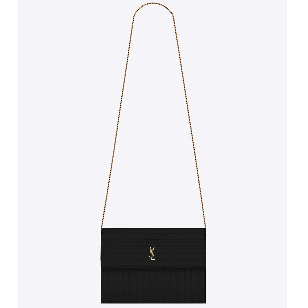 Front view of Saint Laurent YSL Women Victoire Chain Bag Crinkled Leather-Black